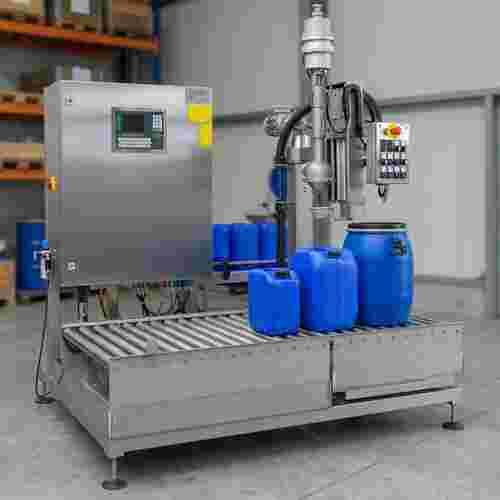 Scharfes 1:1-Foto einer vollautomatischen Fülllinie in einer ruhigen Industriehalle.