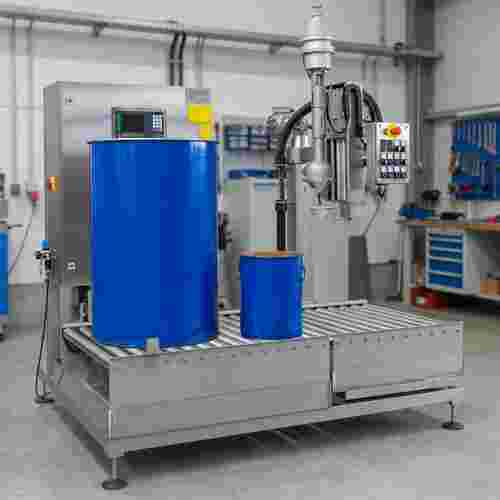 Quadratische Aufnahme einer Edelstahl-Befüllmaschine in sauberer Industrieumgebung.