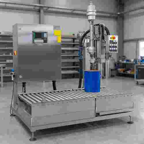 Moderne Edelstahl-Füllmaschine im industriellen Umfeld, scharf, neutraler Hintergrund.