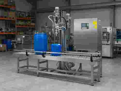 Vollautomatische Abfüllanlage aus Edelstahl, zentrale Steuereinheit, Industrieumfeld.