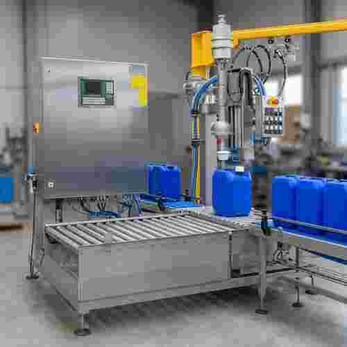 Vollständige Flaschenfüll- und Verschließmaschine in industrieller Umgebung, scharf im Fokus.