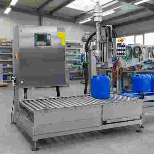 Verschließtechnik-Einheit als Endstation einer Abfülllinie; Edelstahl, neutrale Industrieumgebung.