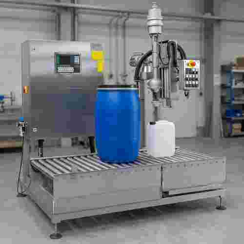 Frontansicht einer Edelstahl-Füllmaschine in neutralem Industrieumfeld, CIP-ready Oberflächen.